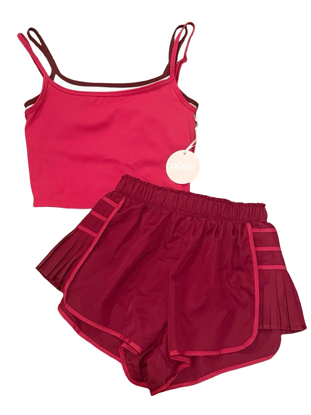 Posie Active Double Layer Tank Top & Ruffle Shorts Set Burgundy Pink XXS NWT